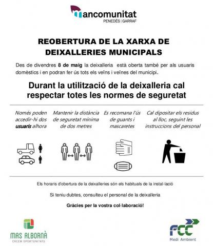 Reobertura de la deixalleria municipal a partir del 8 de maig